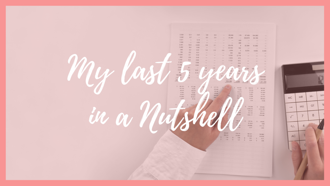Banner image in a pink colour with white writing 'My last 5 years in a nutshell'. The backgroud picture shows a calculater and a printed paper booklet with numbers on it.