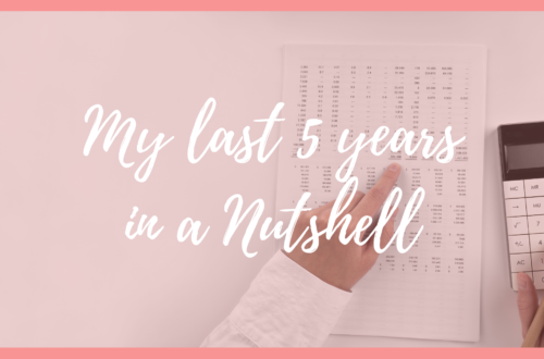 Banner image in a pink colour with white writing 'My last 5 years in a nutshell'. The backgroud picture shows a calculater and a printed paper booklet with numbers on it.